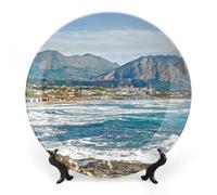 Assiette décorative de 18 cm (7 pouces) en céramique ronde, avec support, style marin sicilien. Décoration murale moderne en porcelaine, idéale pour la maison ou le bureau. Objet de collection ou so