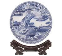 Assiette Décorative en Céramique Bleue et Blanche avec Support Bois | Style Chinois Simple et Artistique, Usage Décoratif Intérieur, Finition Élégante, Facile à Nettoyer