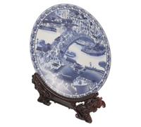 Assiette Décorative en Céramique Chinoise Artistique avec Support Bois | Style Chinois Classique, Usage Intérieur, Facile à Nettoyer, pour Décoration Domestique, Finition Simple et Élégante