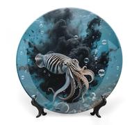 Assiette décorative en céramique « Encre de seiche » ronde de 18 cm, à suspendre, en porcelaine fine, avec support, pour la cuisine, la salle à manger, le cellier ou la cave à vin. Décoration artist