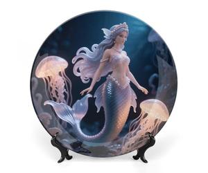 Assiette décorative en céramique représentant une princesse sirène, ronde, 15 cm, en porcelaine fine, avec support, idéale pour la cuisine, la salle à manger, une cave à vin ou toute autre pièce de