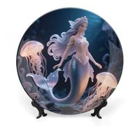 Assiette décorative en céramique représentant une princesse sirène, ronde, 25 cm, en porcelaine fine, avec support, idéale pour la cuisine, la salle à manger, une cave à vin ou toute autre pièce de
