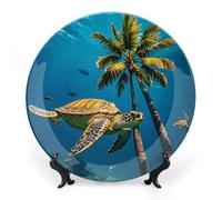 Assiette décorative en porcelaine anglaise avec support de présentation - Assiette ronde en porcelaine avec motif palmiers et tortues de mer - 17,8 cm