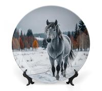Assiette décorative en porcelaine anglaise - Cheval gris dans un paysage d'hiver - Assiettes décoratives en céramique avec support de présentation - 20,3 cm - Décoration murale faite à la main pour la