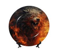Assiette décorative en porcelaine anglaise de 15,2 cm avec support de présentation, motif loup sauvage dans le feu, assiettes décoratives en céramique, décoration murale à suspendre pour la maison, le