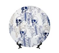 Assiette décorative en porcelaine anglaise de 17,8 cm, motif squelette bleu sur fond blanc, assiettes à dîner en céramique avec présentoir, ornements en céramique pour décoration murale de maison