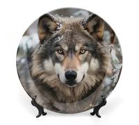 Assiette décorative en porcelaine anglaise de 25,4 cm - Assiettes décoratives en céramique Lmage de loup dans la neige - Assiettes décoratives avec support de présentation à suspendre - Décoration