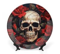 Assiette décorative en porcelaine anglaise élégante pour décoration d'intérieur - Motif tête de mort - Rose-rouge - Plaque murale à suspendre pour la maison et le bureau