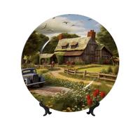 Assiette décorative en Porcelaine Fine avec Motif champêtre et chaumière. Assiettes en céramique Artisanales et décoratives pour Desserts. Ornement en Porcelaine pour Salon, Cuisine, Table et décorat