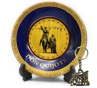 Assiette décorative espagnole Don Quichotte + porte-clés souvenir de la Manche - Comprend support et crochet pour suspendre - Souvenir culturel idéal pour les amoureux de Cervantes, voyageurs et