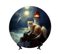 Assiette décorative motif chat près phare, 18 cm, compatible micro-ondes, four et lave-vaisselle, résistante aux rayures, idéale pour la décoration du salon ou de l'entrée, ou comme cadeau pour la mai