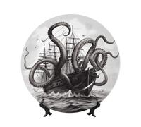 Assiette décorative pour présentation, pieuvre noire et blanche et navire, assiette décorative en porcelaine anglaise de 25,4 cm, assiette à dîner en céramique avec support, ornements muraux