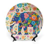 Assiette décorative ronde en porcelaine fine, ornée d'un éléphant et de fleurs colorées. Cette assiette décorative personnalisée en porcelaine fine est fournie avec un support de présentation de 25