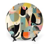 Assiette décorative ronde en porcelaine, motif chat, style moderne du milieu du siècle, avec support, idéale pour la cuisine, la salle à manger, une cave à vin ou toute autre pièce de décoration. 25