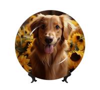 Assiette décorative verticale en porcelaine anglaise de 25,4 cm avec support de présentation - Assiettes décoratives murales à suspendre au mur - Assiette ronde Golden Retriever Tournesol - Art