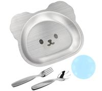 Assiette en Acier Inoxydable pour Enfants,Ensemble de Vaisselle en Forme D'ours,Assiettes à Dîner Incassables,avec Ventouse et Couteau et Fourchette, pour les Mangeurs Difficiles,Déjeuner, Camping