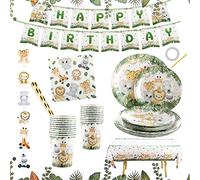 Assiette Jetable 126 pcs vaisselle,Thème des animaux de la jungle, anniversaire adulte ou enfant, 1 an garcon, 20 convives.
