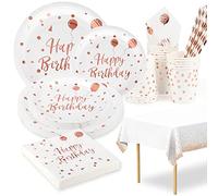 Assiette Jetable Anniversaire Blanche et Or Rose,16 Invités Vaisselle Jetable Anniversaire Blanc Or Rose Assiettes Carton Gobelets Serviettes Nappe Assiette Anniversaire Fille Femme