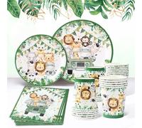 Assiette Jetable Anniversaire Safari Jungle, 96 Pièces Vaisselle Jetable Animaux, Assiette Gobelets Serviettes Animals, Animaux Couvert Jetables pour Jetable Safari Anniversaire Garcon 24 Invités