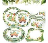 Assiette Jetable Dinosaure - 96pcs Kit Vaisselle Dinosaure Jetable Jungle Safari Thème Anniversaire, Assiettes Tasses Serviettes pour Decoration Anniversaire, Deco Birthday Garcon Enfant, Baby Shower