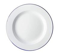 Assiette large en émail Genware 45020 de 20 cm - Couleur blanche et bord bleu