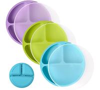 Assiettes 100 % silicone pour tout-petits | Lot de 3 pièces | Assiettes divisées pour bébé | Non toxiques, sans BPA | Passe au lave-vaisselle/micro-ondes (vert vif, violet et bleu, avec couvercles)