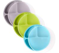 Assiettes 100 % silicone pour tout-petits | Lot de 3 pièces | Assiettes divisées pour bébé | Non toxiques, sans BPA | Passe au lave-vaisselle/micro-ondes (vert vif, bleu et gris, avec couvercles)