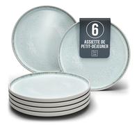 Assiettes à dessert en grès Ibiza - Lot de 6 - Vaisselle méditerranéenne pour petit-déjeuner, gâteaux et salades - Passe au lave-vaisselle et micro-ondes - Beige/bleu
