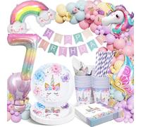 Assiettes Anniversaire Licorne, 7 Ans Kit Deco Anniversaire Fille, Licorne Decoration Avec Ballon pour 7 Ans Fille Enfants 16 Invités