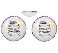 assiettes au design méditerranéen avec motif de sardines. Assiettes plates maritimes (26 cm), assiettes creuses (21 cm) ou assiettes à dessert (20 cm) en grès robuste, finition lisse (lot de 2