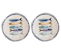 Assiettes au design méditerranéen avec motif de sardines, assiettes plates maritimes (26 cm), assiettes creuses (21 cm) ou assiettes à dessert (20 cm) en grès robuste, finition lisse (lot de 2