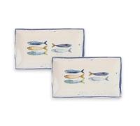 assiettes au design méditerranéen avec motif de sardines, assiettes plates maritimes (26 cm), assiettes creuses (21 cm) ou assiettes à dessert (20 cm), robustes, en grès, finition lisse (lot de 2