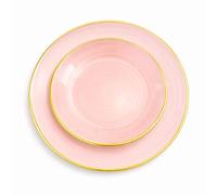 Assiettes Capri Luxes Réutilisables, Couleur au Choix avec Bordure Dorée, 12 Pièces, Grande 25.5cm - Petite 18cm, Plastique PVC Brillant, Lavable au Lave-vaisselle, Décoration Mariage (Rose)