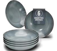 Assiettes creuses en grès Rustic - Lot de 6 - Vaisselle style maison de campagne Pure Living pour soupes, pâtes et salades - Passe au lave-vaisselle - Bleu fumé
