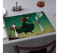 Assiettes décoratives « A Witch Fly On A Broomstick Under A Crescent Moon Dining Sets de table de Pâques » Premium Cuisine et salle à manger (1 pièce)