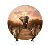 Assiettes décoratives en céramique éléphant sur un pont Assiette décorative en porcelaine anglaise avec présentoir Ornement en céramique fait à la main Personnalité Assiette à dîner Artisanat pour la