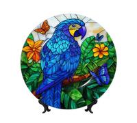 Assiettes décoratives en porcelaine anglaise avec support, en verre teinté bleu perroquet rond pour cuisine, salle à manger, armoire à vin, décoration d'intérieur, 20 cm