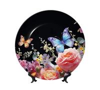 Assiettes décoratives en porcelaine anglaise de 17,8 cm avec support de présentation, fleurs et papillons, ornements en céramique, artisanat d'art, assiette ronde en porcelaine pour décoration murale