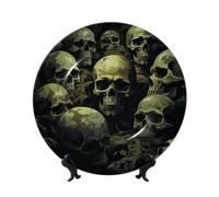 Assiettes décoratives en porcelaine anglaise de 17,8 cm avec support de présentation, motif crâne camouflage, ornements en céramique, artisanat d'art, assiette ronde en porcelaine pour décoration