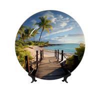 Assiettes décoratives en porcelaine anglaise de 17,8 cm avec support de présentation, palmiers, plage, mer, océan, ornements en céramique, artisanat d'art, assiette ronde en porcelaine pour décoration