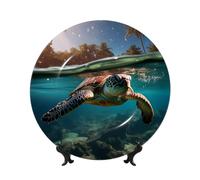 Assiettes décoratives en porcelaine anglaise de 20,3 cm avec support de présentation - Ornements en céramique pour décoration murale - Motif palmiers et tortues de mer