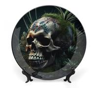 Assiettes décoratives en porcelaine anglaise de 20,3 cm, motif tête de mort et plantes, assiettes décoratives à suspendre en céramique avec support pour cuisine, salle à manger, armoire à vin,