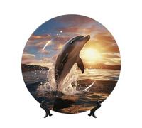 Assiettes décoratives en porcelaine anglaise de 25,4 cm avec support de présentation, motif dauphin sautant dans la mer, ornements en céramique, artisanat d'art, assiette ronde en porcelaine pour