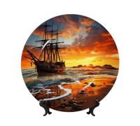 Assiettes décoratives en porcelaine anglaise motif bateau pirate au coucher du soleil - 17,8 cm - Avec présentoir - Ornements en céramique - Pour la maison, le bureau - Décoration murale