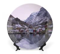 Assiettes décoratives murales 6", assiette ronde avec support, assiettes plates en céramique, assiette en porcelaine Scandinavie Norvège Fjord Europe, décoration murale Thanksgiving et Noël