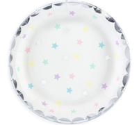 Assiettes en carton 18cm licorne - étoiles colorées set de 6 blanc / argent