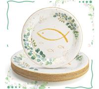 Assiettes en carton communion 24 pièces 18cm Design eucalyptus et poisson doré renforcées et résistantes pour décoration garçon baptême fille ou garçon pour gâteau bonbons salade