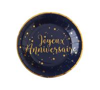 Assiettes en carton - Joyeux anniversaire - Bleu marine - 22,5 cm - 10 pièces - Liseré doré