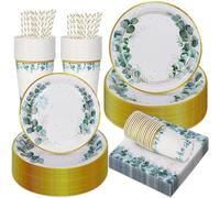 Assiettes et serviettes de table vert sauge, assiettes jetables vert sauge et or, assiettes et serviettes vert sauge, assiettes en eucalyptus pour décoration de table, pour 25 personnes (ensemble