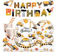 Assiettes Jetable Anniversaire 82 PCS Vaisselle de Fête sur Chantier Décoration D'anniversaire Excavatrice Gobelets en Carton Serviettes et Paille pour Anniversaire D'enfant Chantier de Construction